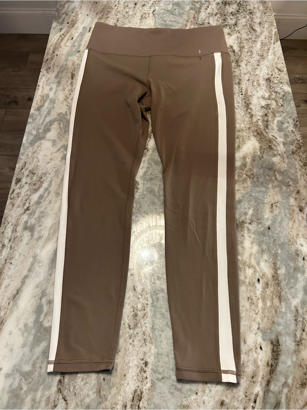 Athleta Taupe Leggins with white stripes